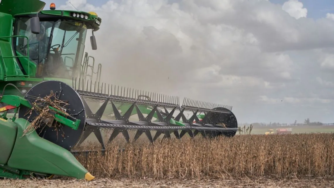 Cosechadora en plena cosecha de soja en la pampa húmeda argentina