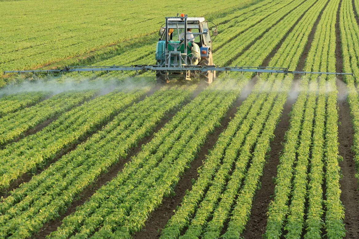 Tractor pulverizando agroquímicos sobre hileras de cultivo en Argentina